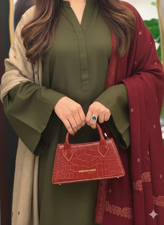 Olive Green Dhanak long Shirt 2Pc