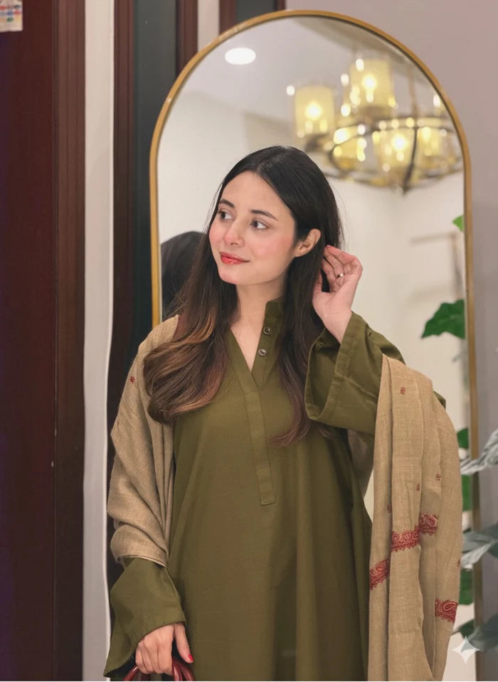 Olive Green Dhanak long Shirt 2Pc
