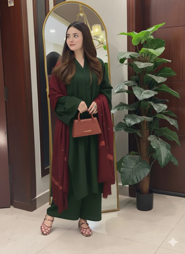 Bottle Green Dhanak long Shirt 2Pc