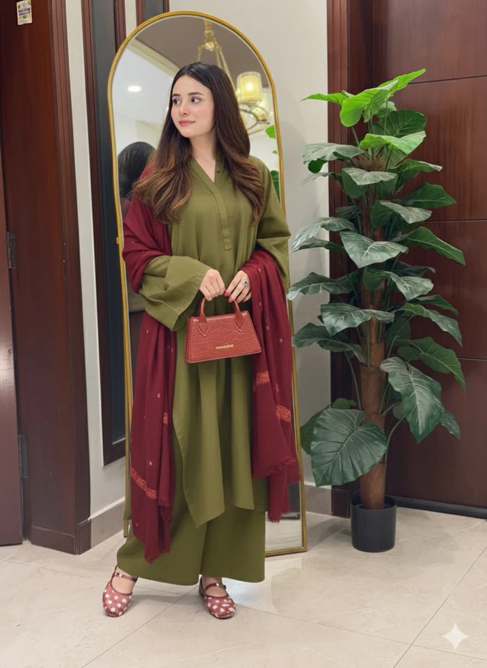 Olive Green Dhanak long Shirt 2Pc